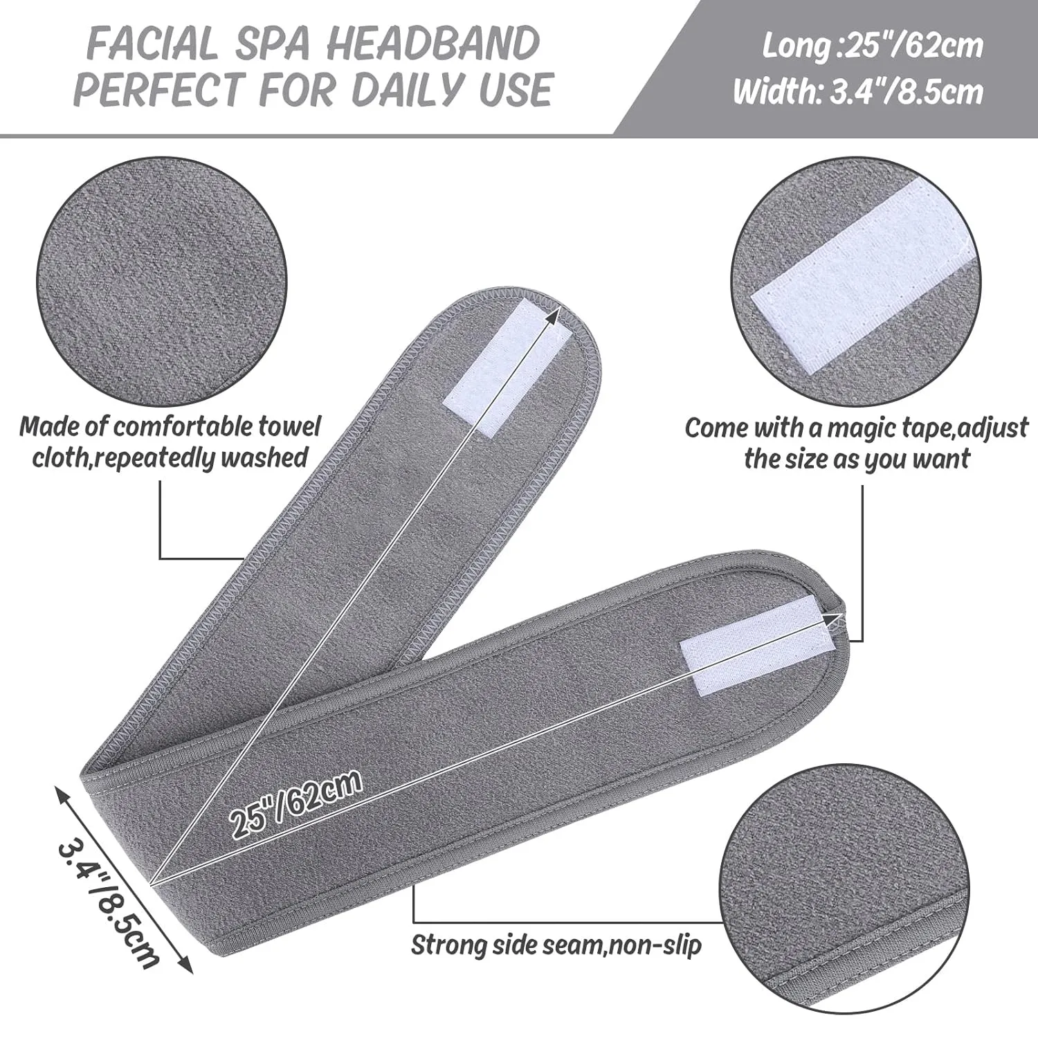 Whaline Spa Facial Headbands 3 Pieces Make Up Wrap Head Terry Cloth Headband Soft Adjustable Towel Band for Face Washing Shower Facial Cover Yoga(Black, Pink, Gray)