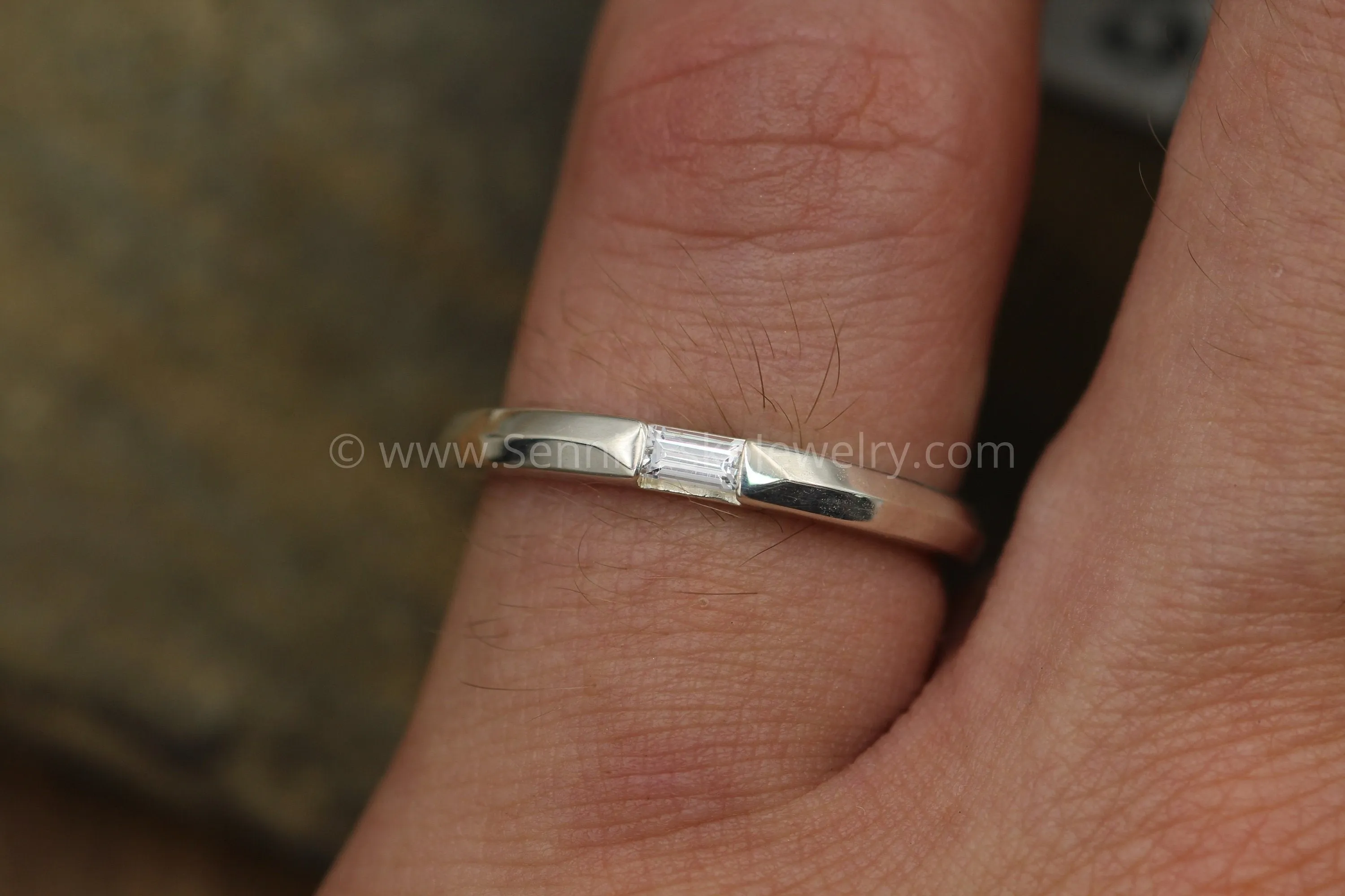 White Sapphire Channel Baguette Knife Edge Ring - Dainty Glossy Finish Ring - Knife Edge