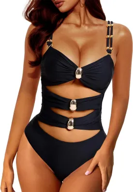 Women One Piece Swimsuit Sexy Cut Out Color Block Ruched One Piece Bathing Suit Monokini