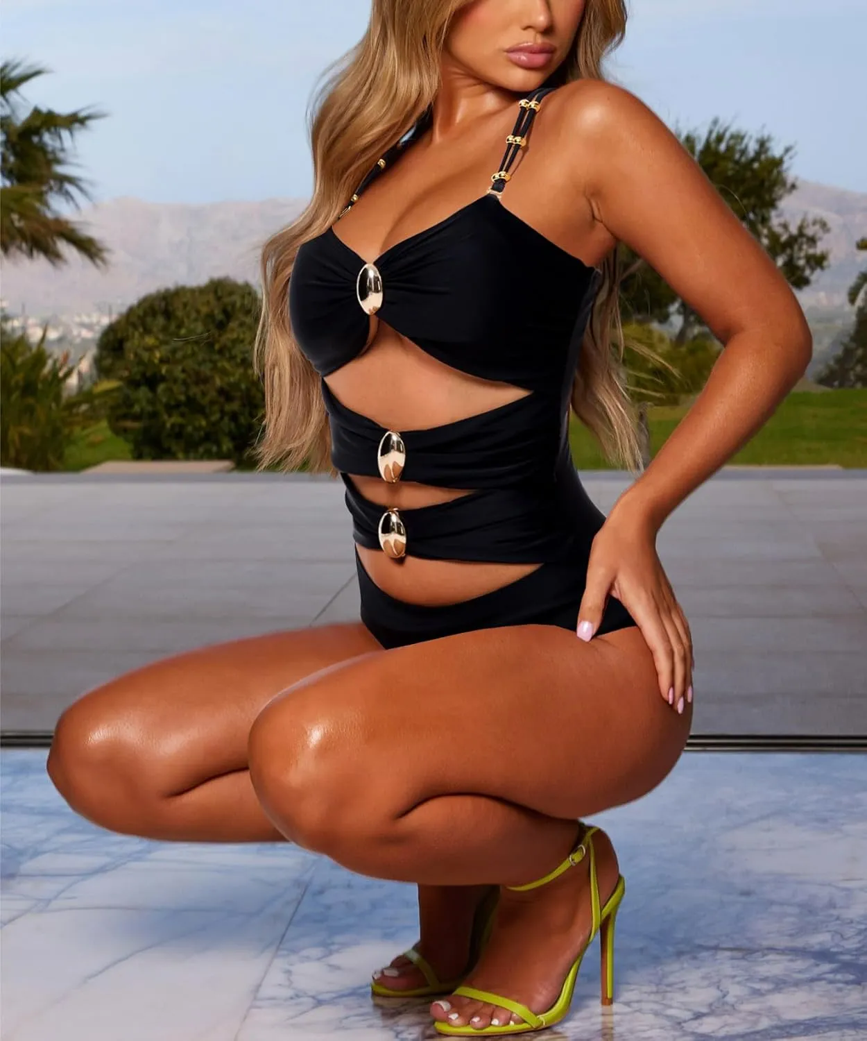 Women One Piece Swimsuit Sexy Cut Out Color Block Ruched One Piece Bathing Suit Monokini