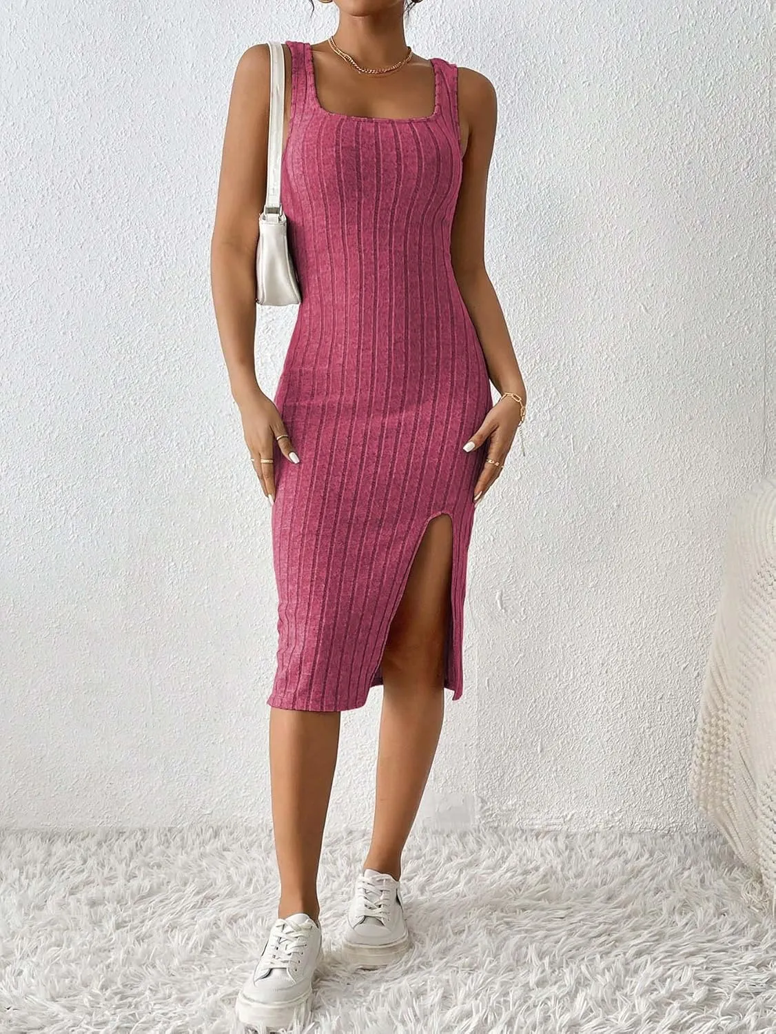 Womens Summer Tank Dress Casual Sleeveless Square Neck Dresses Bodycon Side Slit Sundress Midi Ribbed Sweater Dresses
