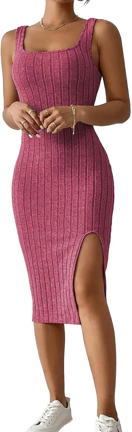 Womens Summer Tank Dress Casual Sleeveless Square Neck Dresses Bodycon Side Slit Sundress Midi Ribbed Sweater Dresses