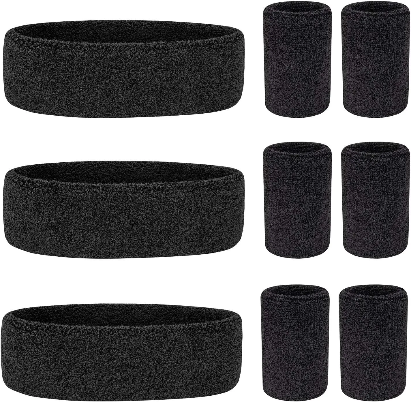 Wristbands Sweatband Set 9 Pieces, Including 3 Headband and 6 Wristbands (Black)
