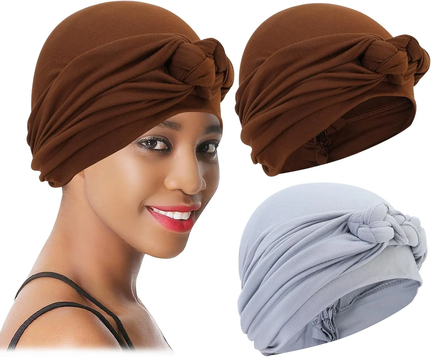 XEPST 2 Pieces Head Wraps Turban Hats Chemo Headwear Twisted Braid Hair Cover Headwrap Hats Sleep Caps for Women Girls (Gray, Coffee)