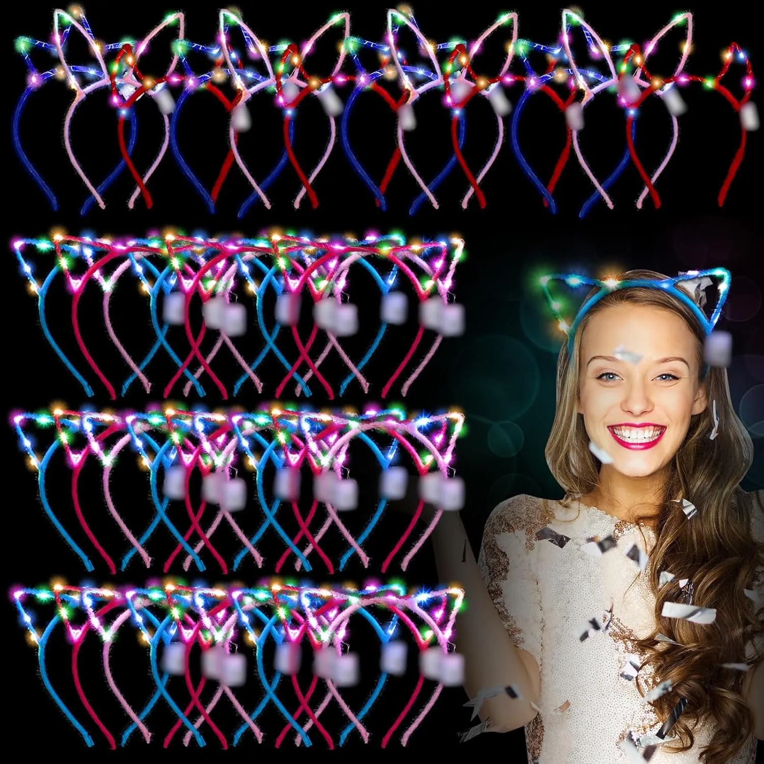 Xinnun 64 Pieces Light up Cat Ears Headband LED Bunny Glow in Dark Cat Ears Hairband Party Supplies for Women Adult Costume