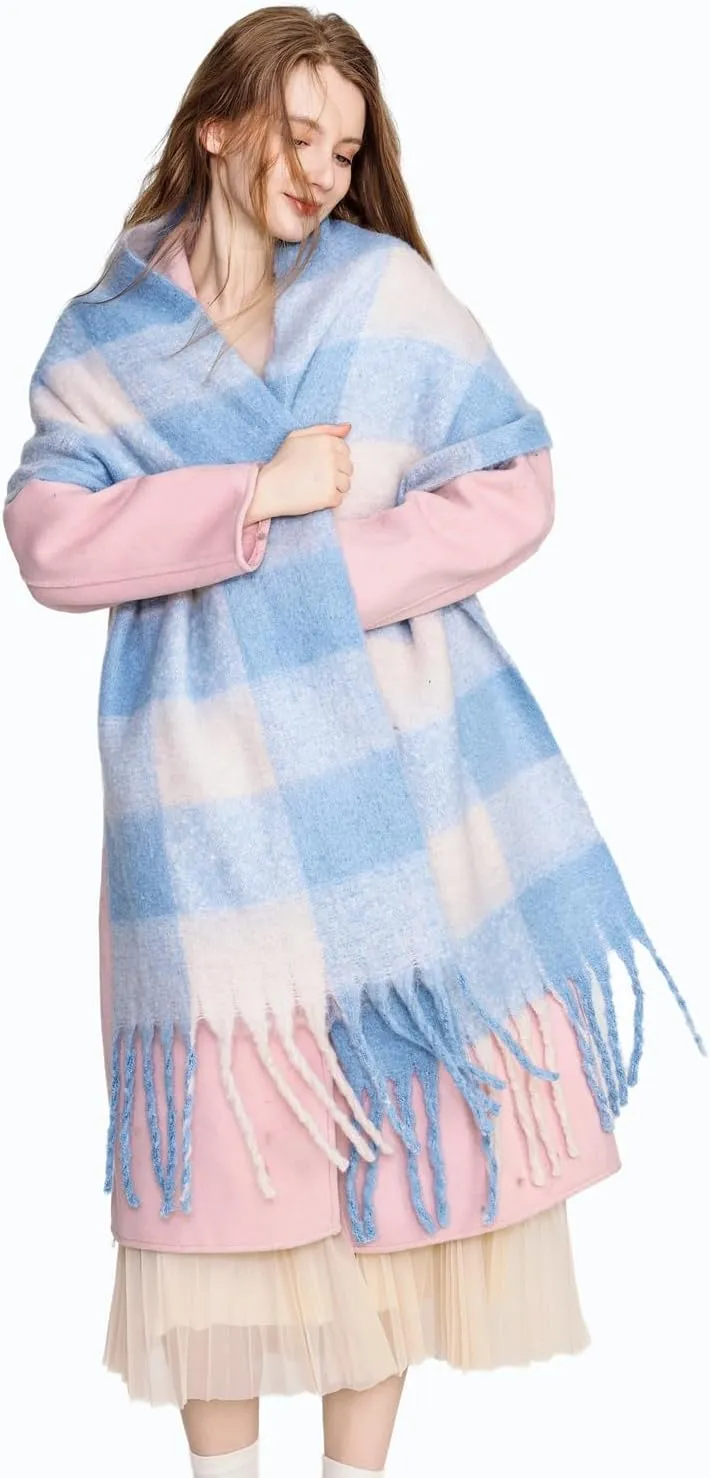 Yatemiole Women's Cashmere Big Coloured Checked Scarf Winter Warm Wrap Scarf
